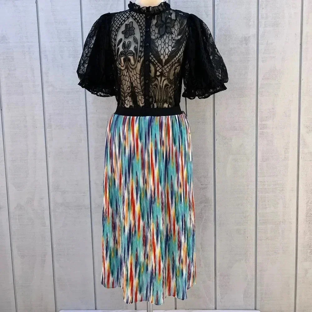 Story On Pleated Midi Skirt Multicolored Print Lined Sheer Elastic Waist - Picture 10 of 10
